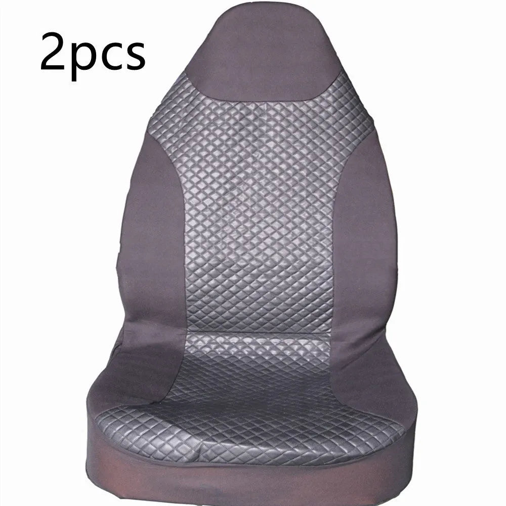 Black quilted automotive seat cover made of PU and polyester fabric on a car seat.