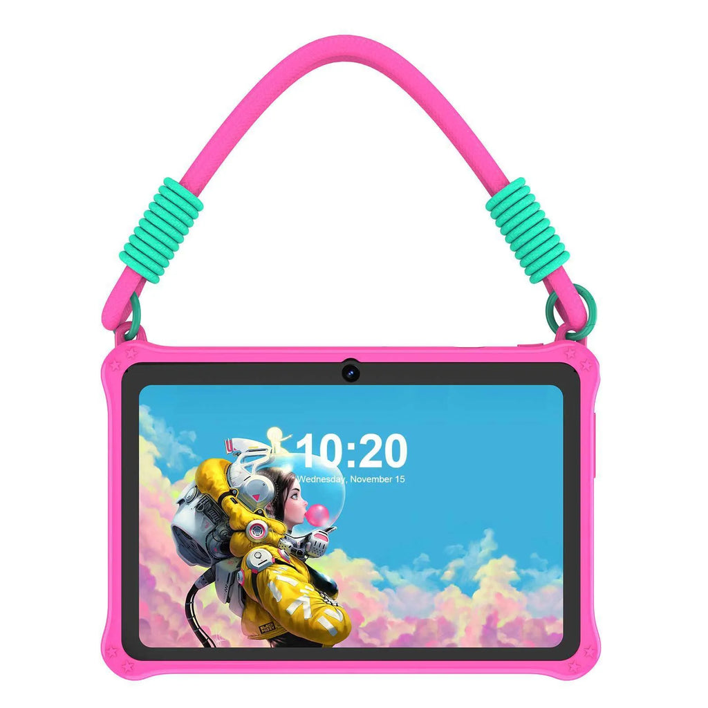 7-inch children's silicone tablet case with flat strap in sapphire blue or dark pink colours