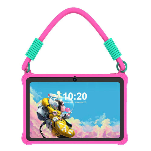 7-inch children's silicone tablet case with flat strap in sapphire blue or dark pink colours