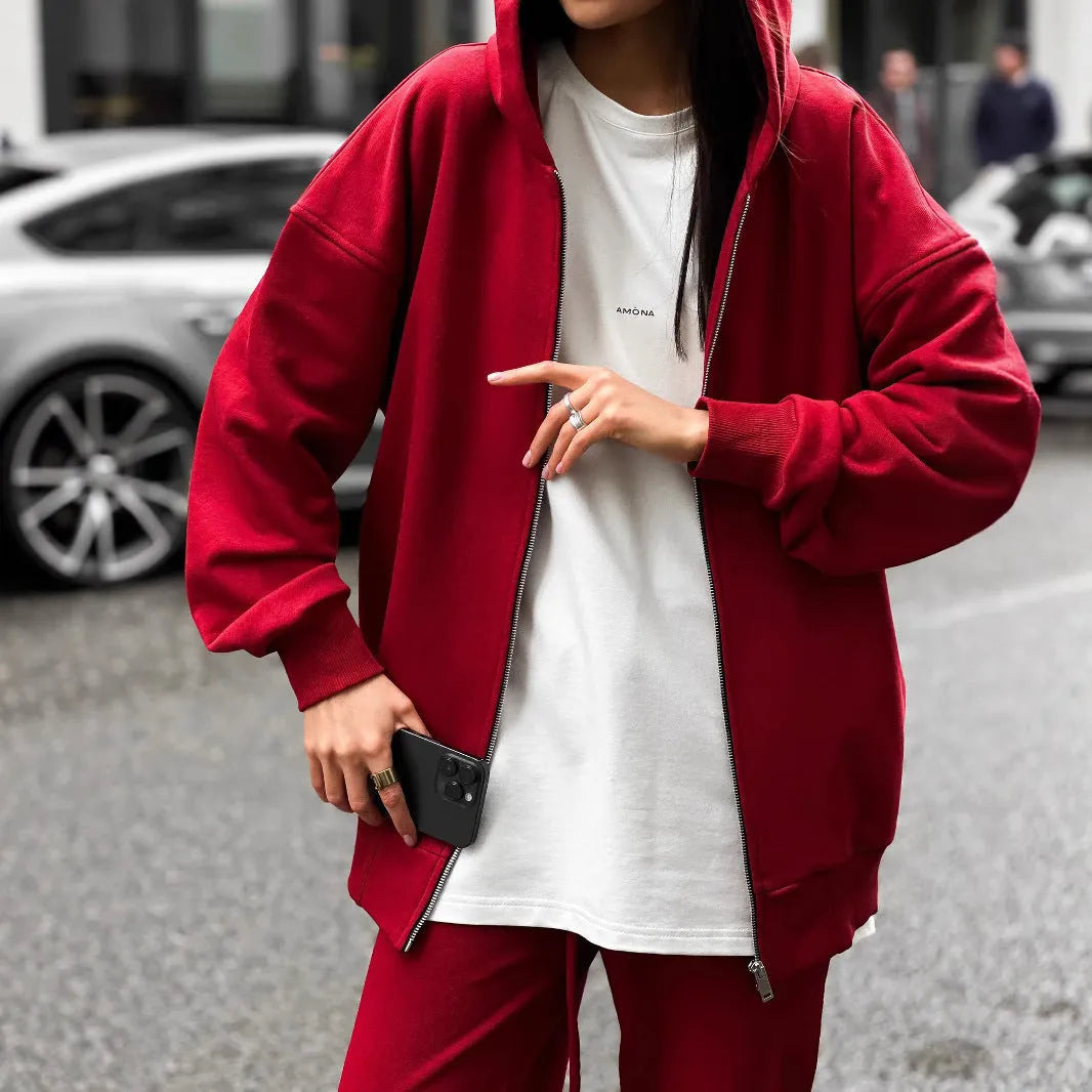 Red loose fit long sleeve coat and trousers two-piece women's street style set