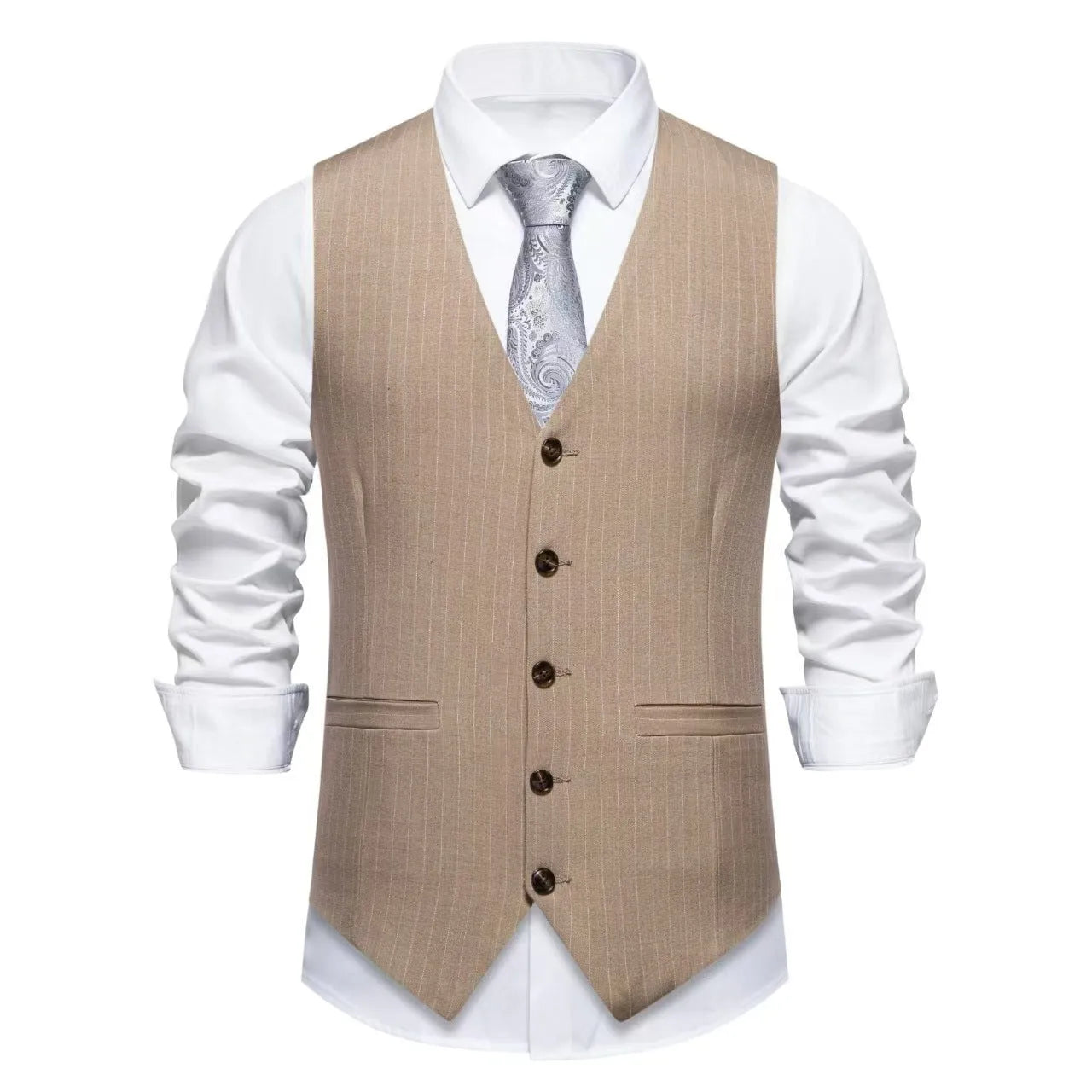 Men's striped polyester suit vest in black, khaki, or red with non-ironing finish