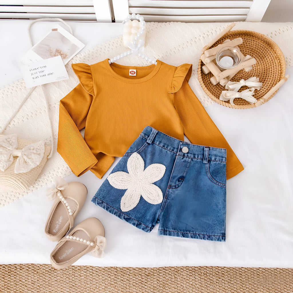 Girls flower embroidered khaki cotton denim shorts set with long-sleeve top for height 90-130cm