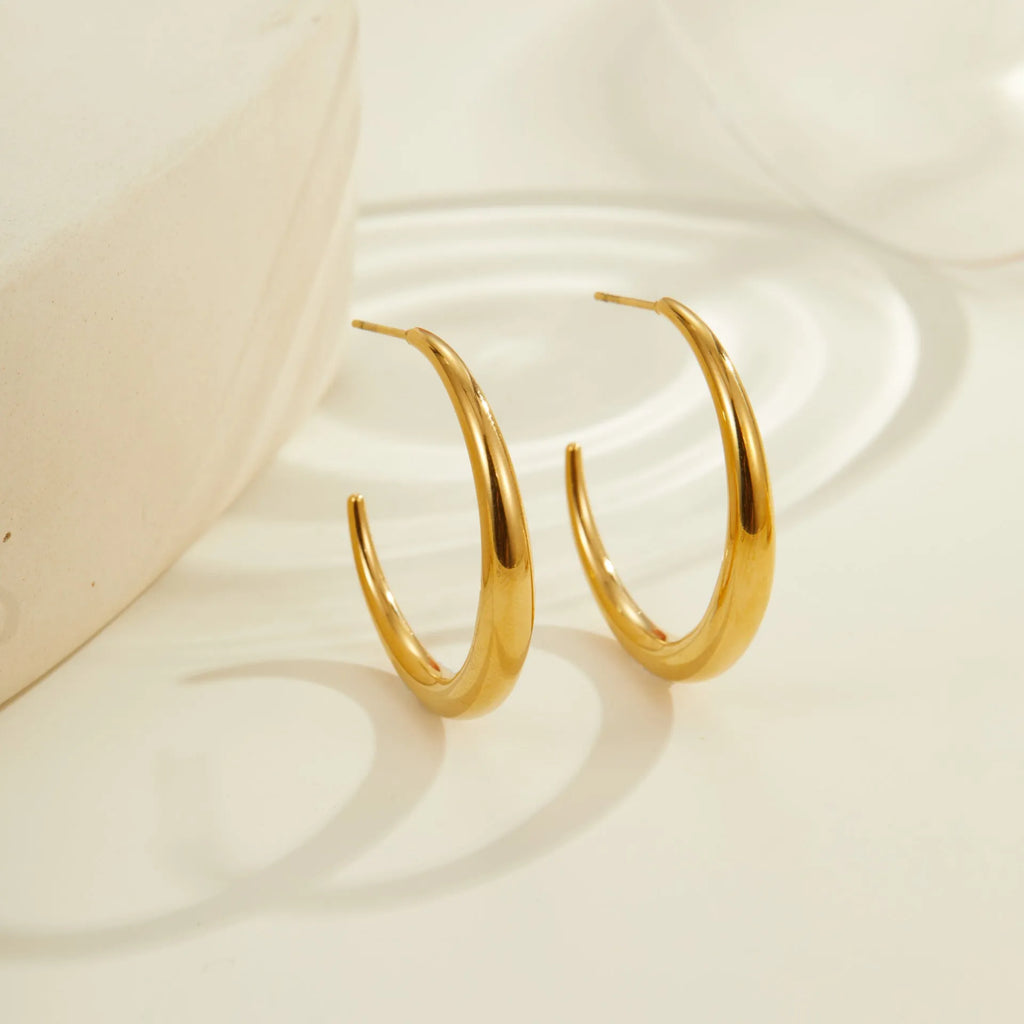 Titanium steel hoop earrings with round geometric shape and vacuum PVD gold plating
