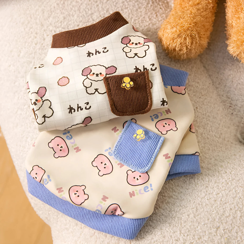 Warm velvet two-legged pet clothing with pockets, blue and brown, for small dogs and cats