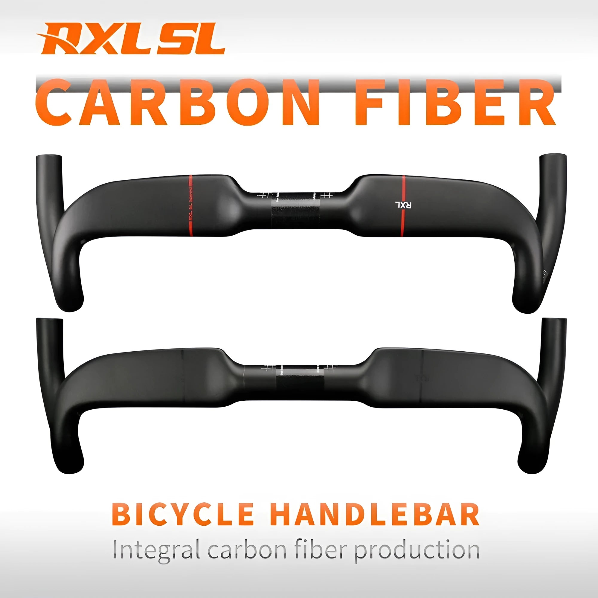 Carbon fibre road bicycle handlebar shown in black double line and red double line finishes