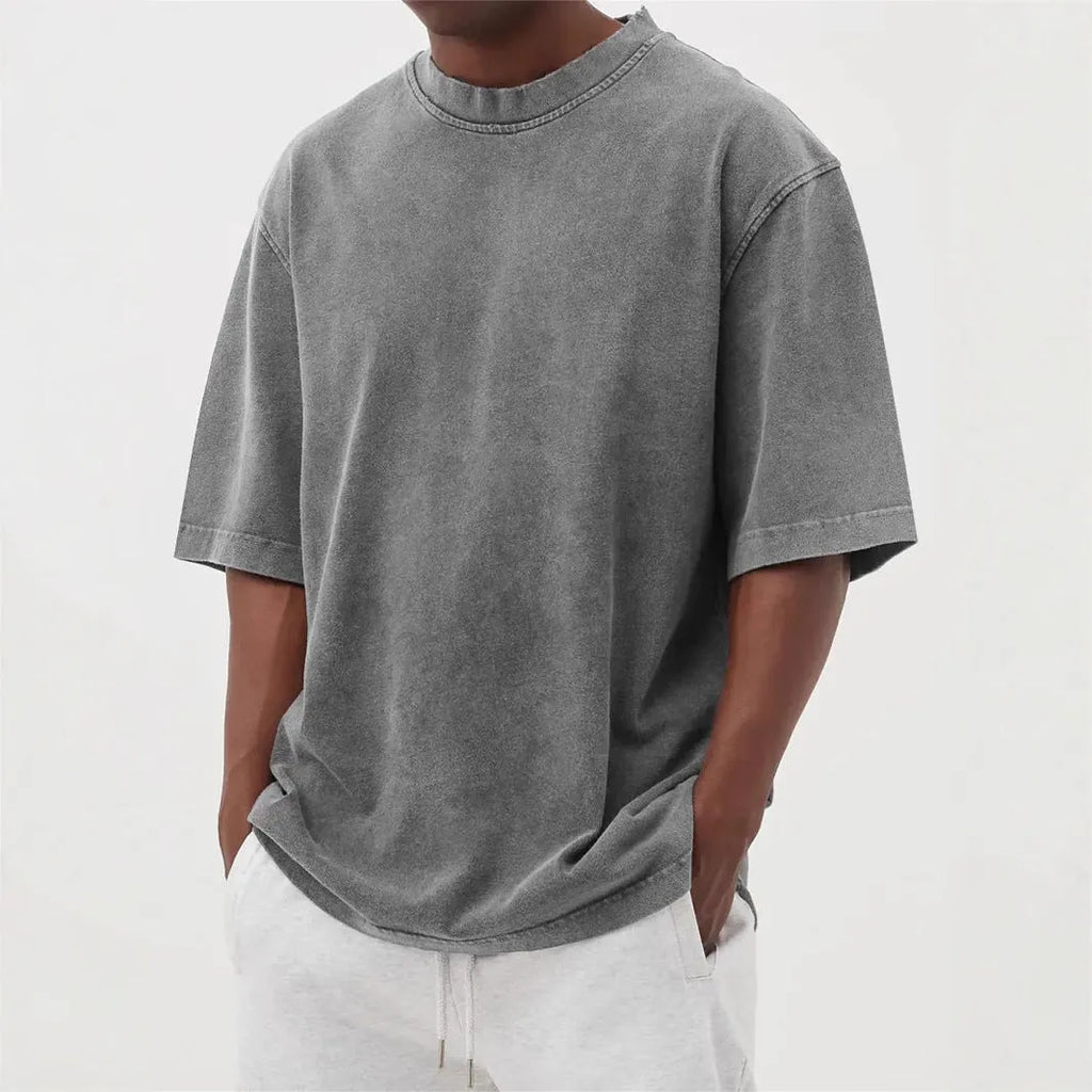 Men's stone-washed loose-fit pullover T-shirt in army green distressed solid colour