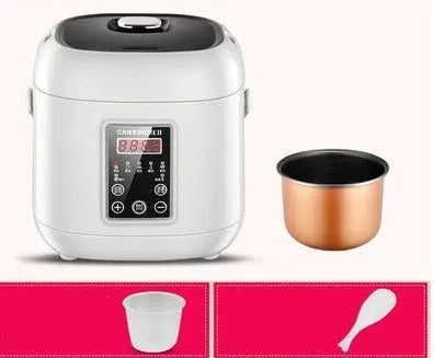 Small round blue and black miniature automatic rice cooker with steam pan on a kitchen counter.