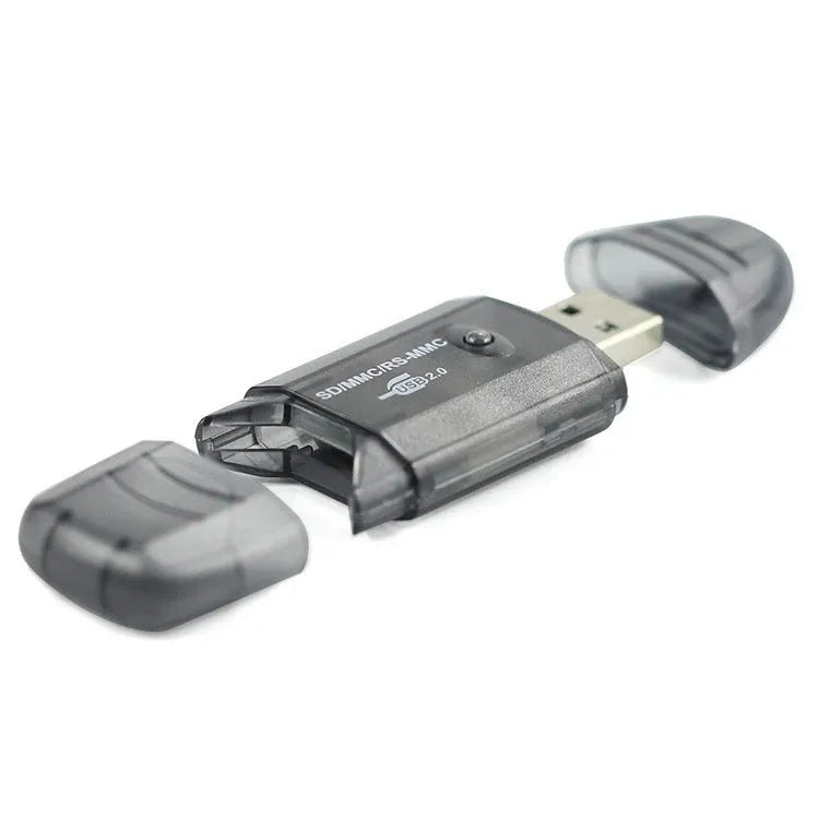 Transparent plastic USB card reader with LED light for computers, includes card holder