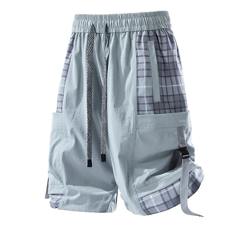 Men's casual cargo shorts with plaid stitching detail in loose fit design