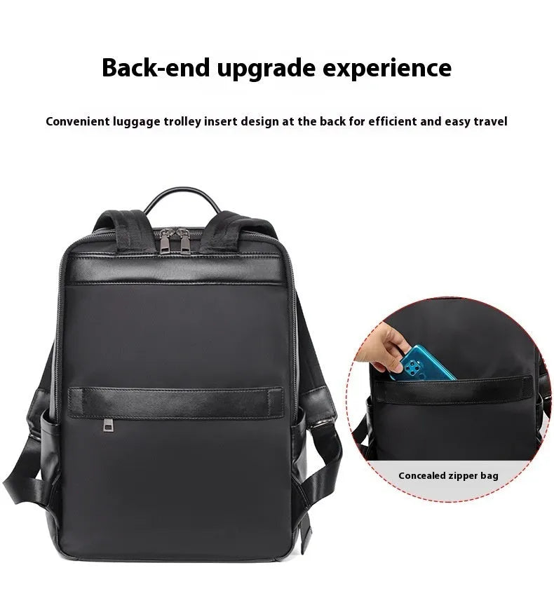 Men's large capacity leather computer backpack with 36-55L storage in black