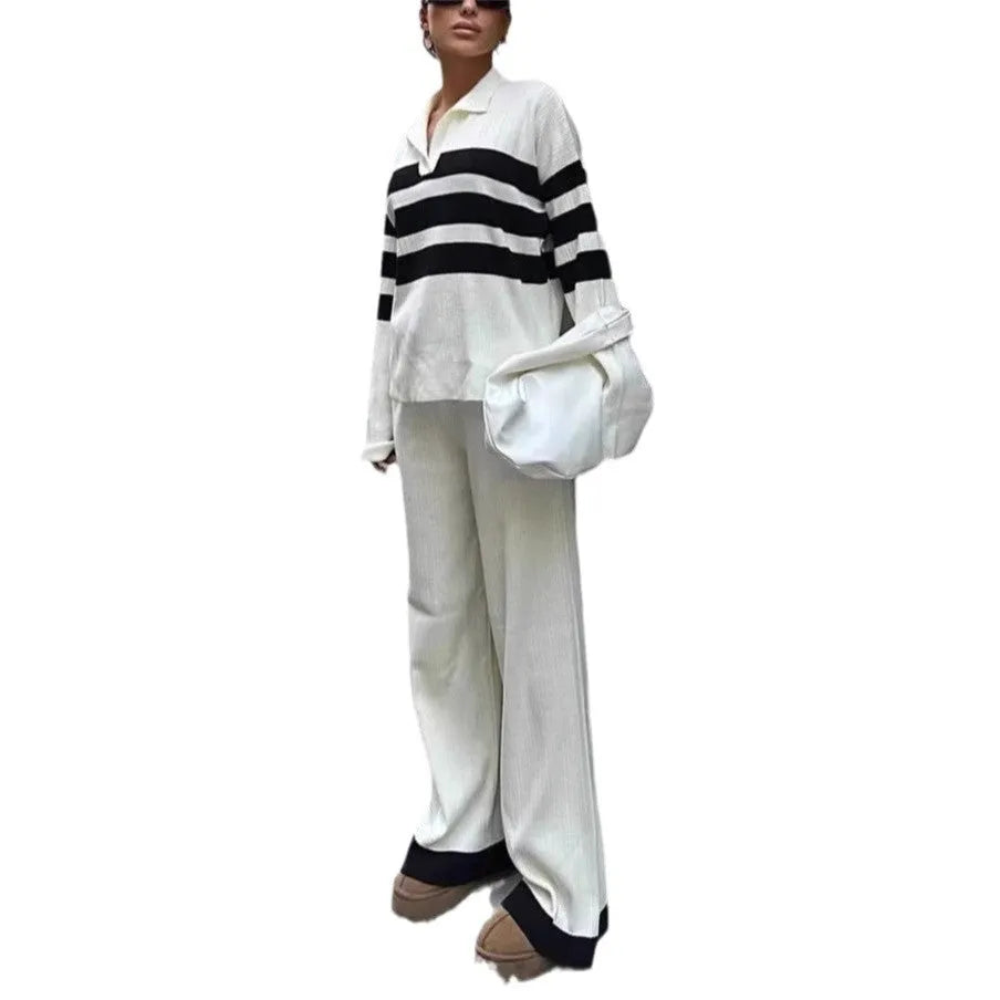 Women's black and white striped knitted polo collar two-piece set with long sleeves and trousers