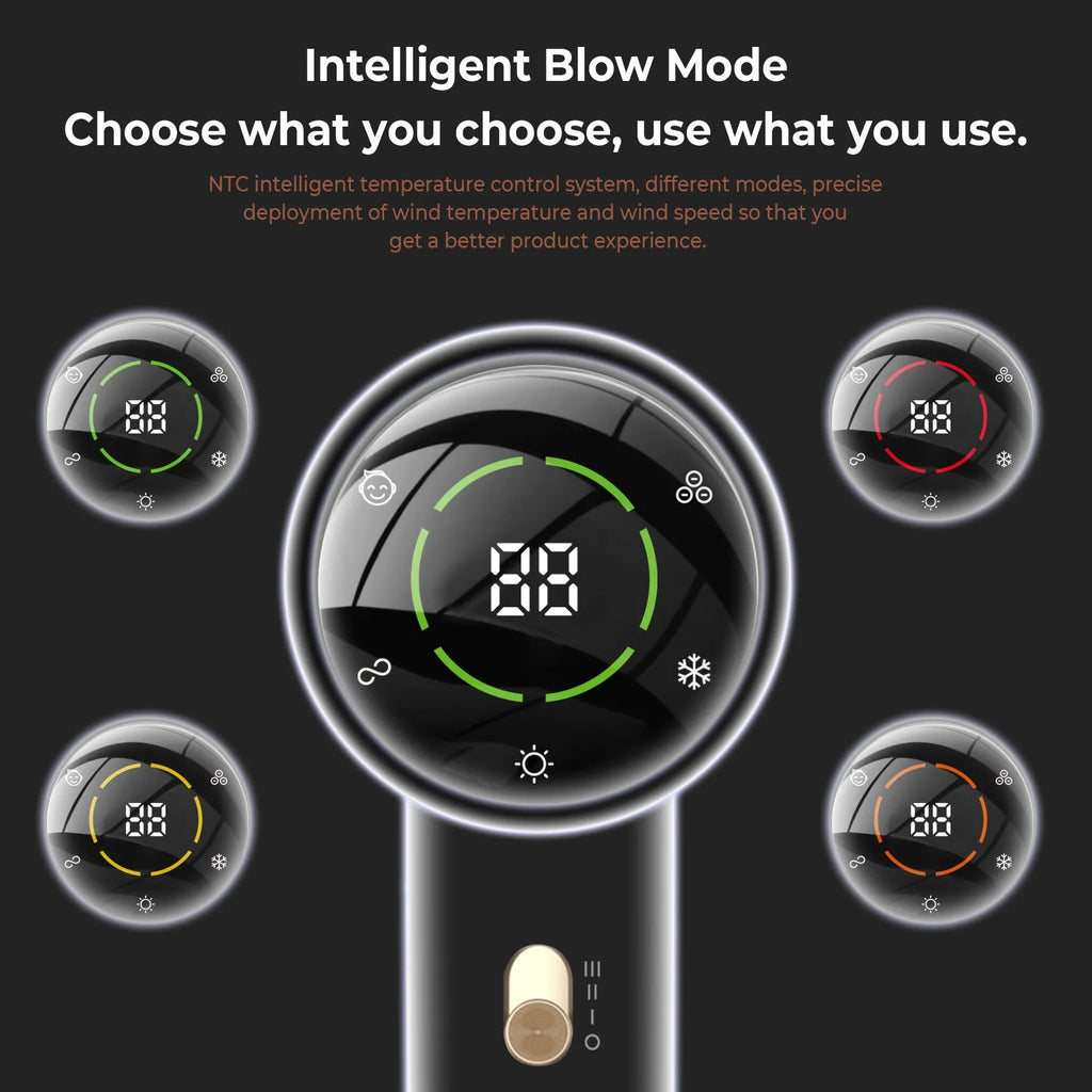 Black gold high-power hair dryer with screen display and brushless motor on neutral background