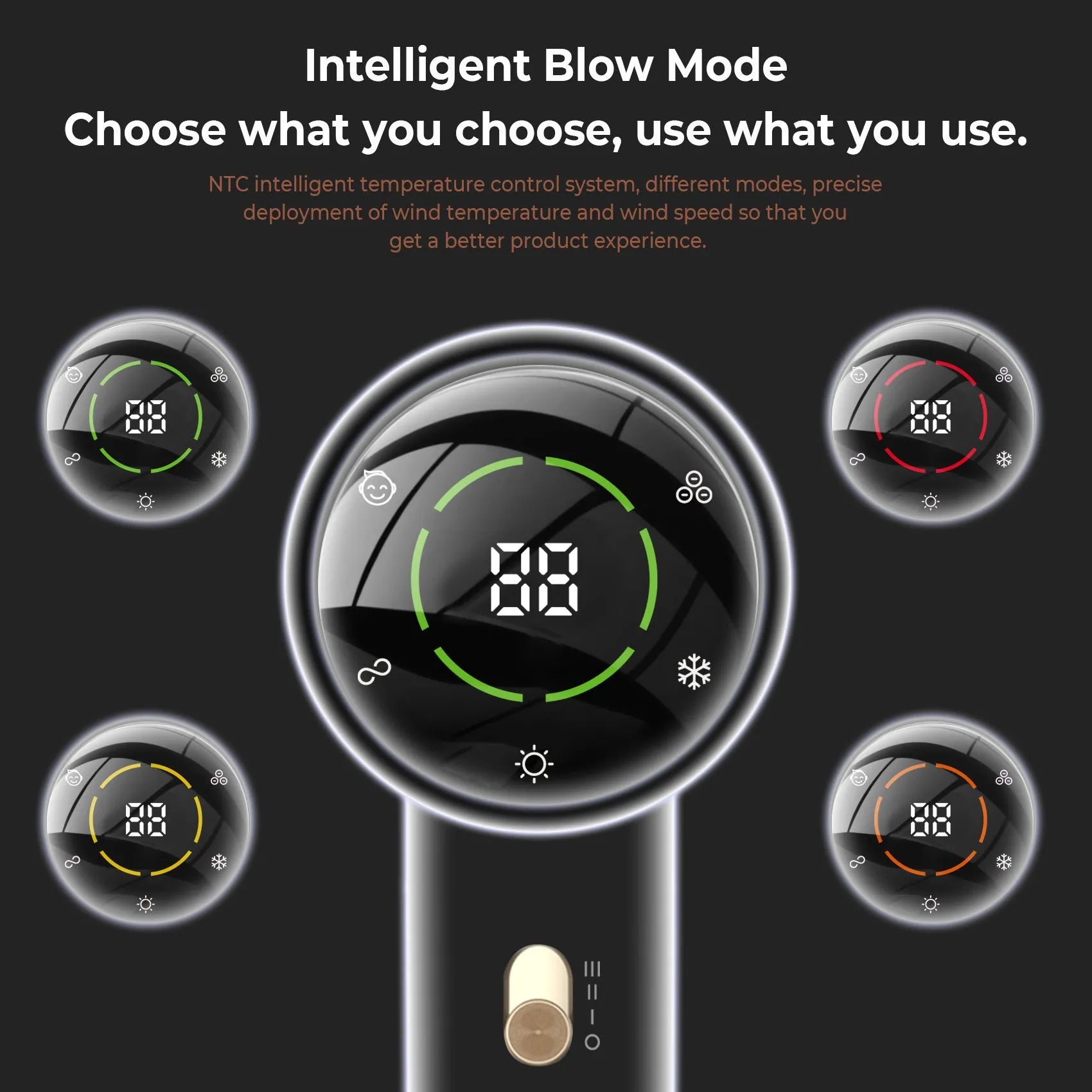 Black gold high-power hair dryer with screen display and brushless motor on neutral background