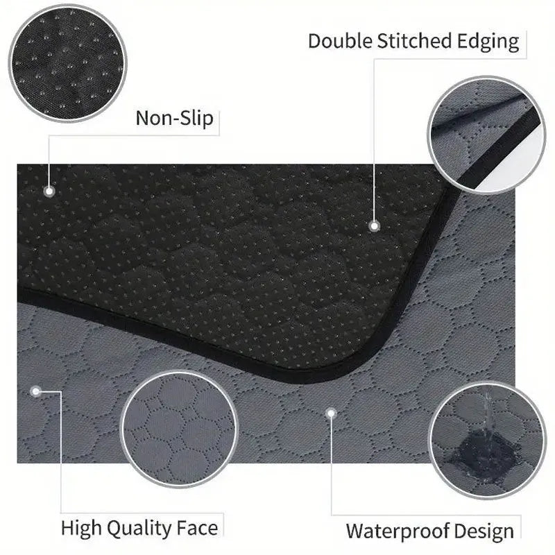 Tan and grey washable dog pee pad on a wooden floor, measuring 18 by 24 inches.