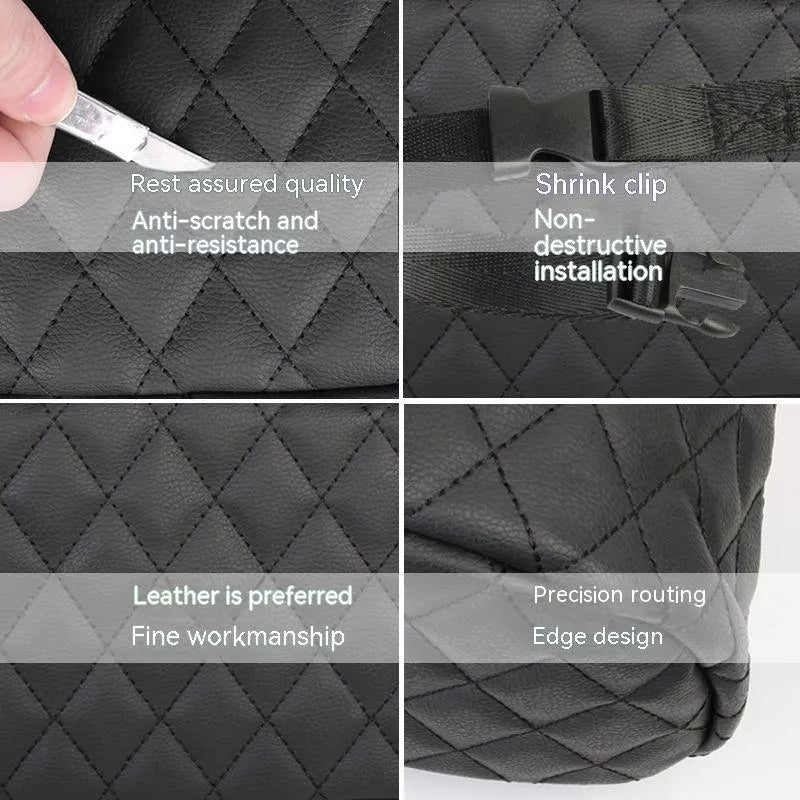 25cm square car hanging storage bag in leather-style material with hanging strap