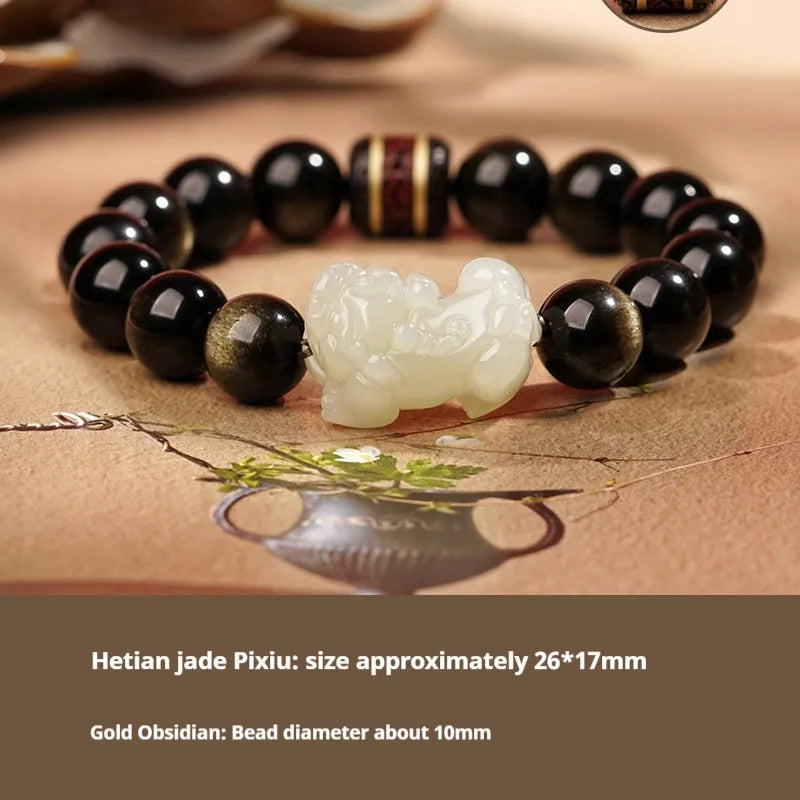 Close-up of a brown and black braided rope bracelet with a central Hetian jade bead on a wrist.