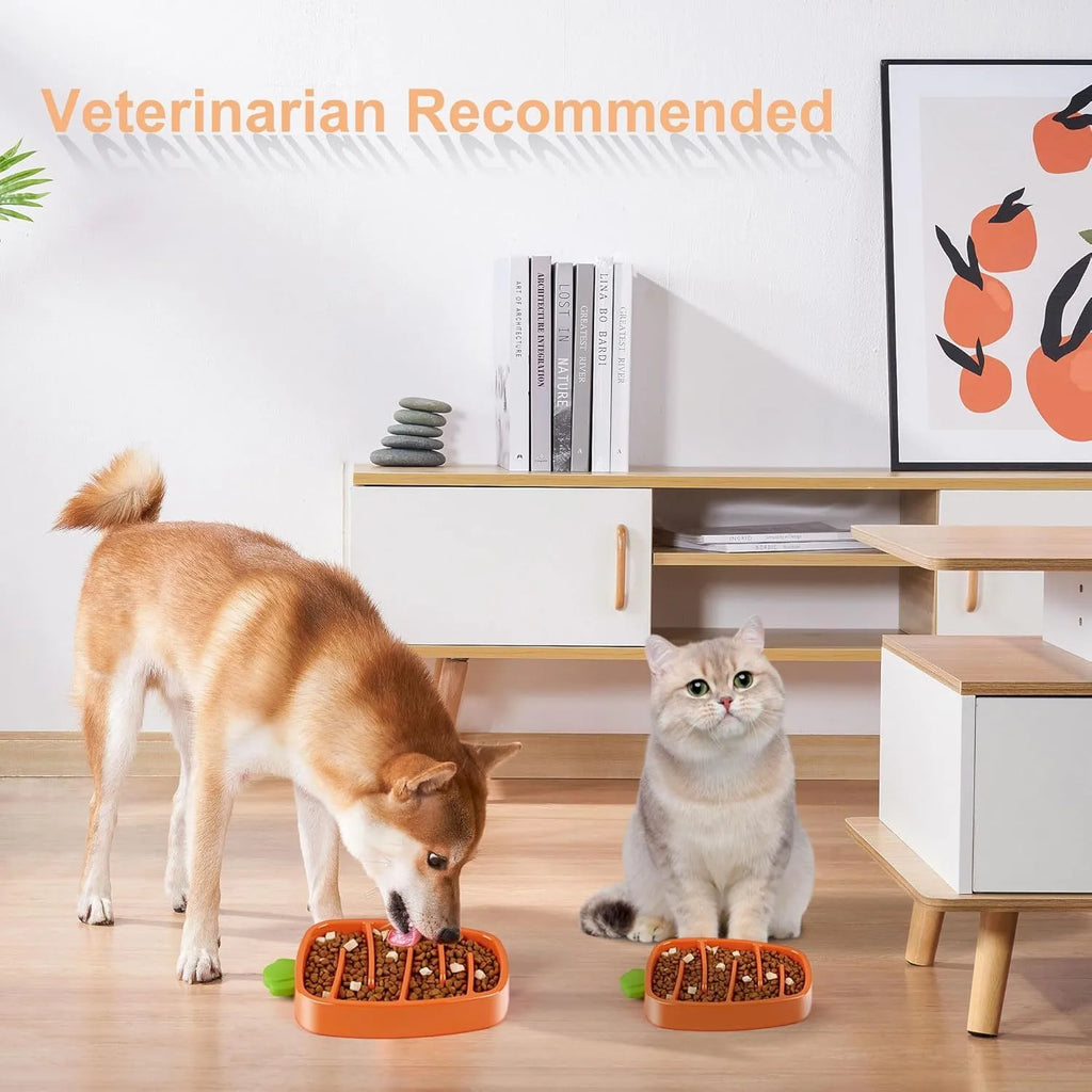 Carrot design slow feeder dog bowl for small and medium dogs, non-slip, melamine and silicone, sizes S and L