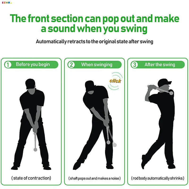 Telescopic stainless steel golf swing trainer simulator on a green background.