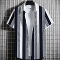 A linen men's striped short sleeve T-shirt with a 3D printed graphic, shown on a hanger.