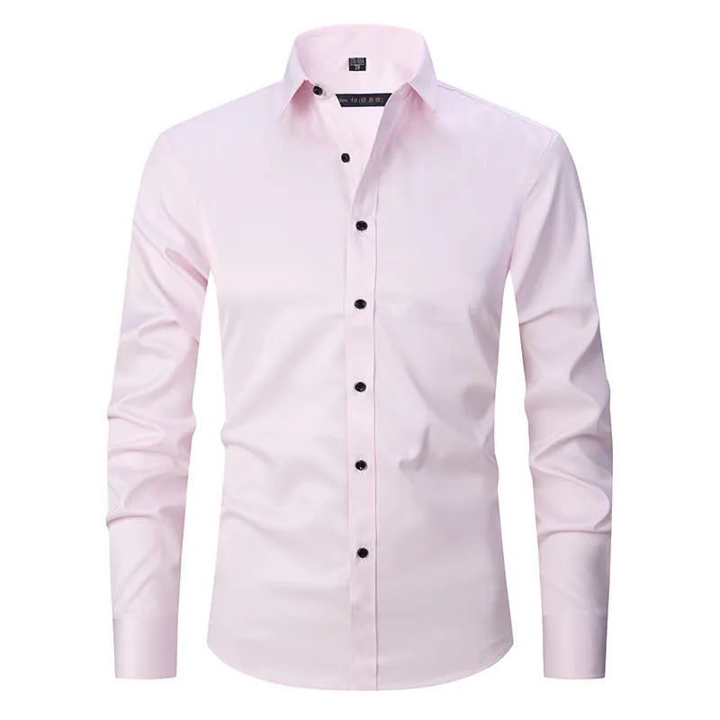 Men's stretch long sleeve work shirt in polyester fabric, shown in a light colour on a hanger.