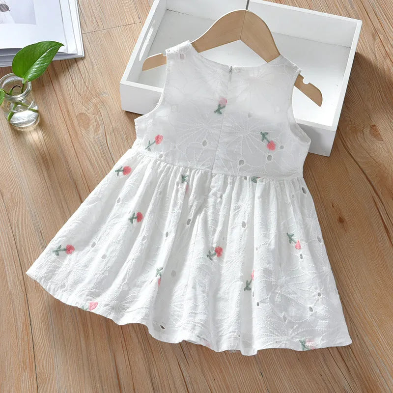 Girls summer floral sleeveless vest dress with full skirt and cotton lining in white small flowers