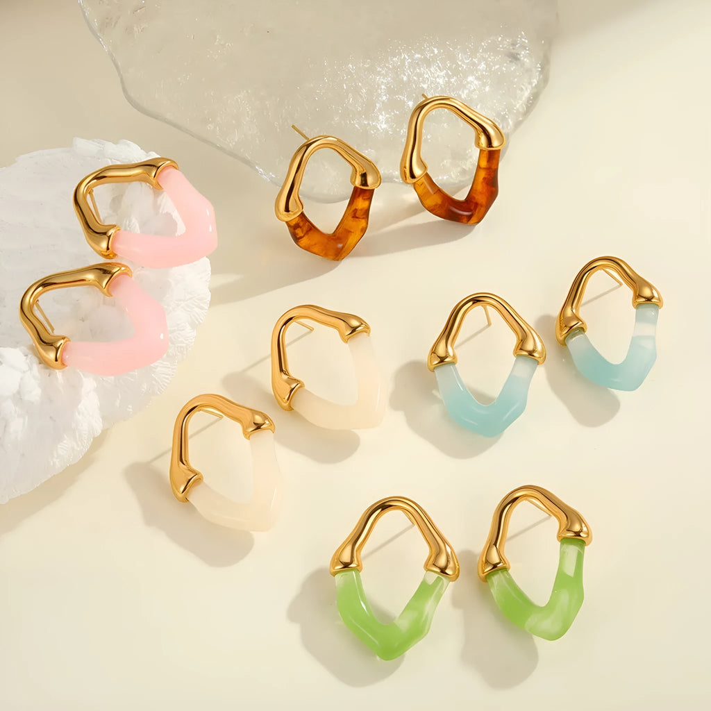 Stainless steel earrings with colour resin stitching and 18K gold plating