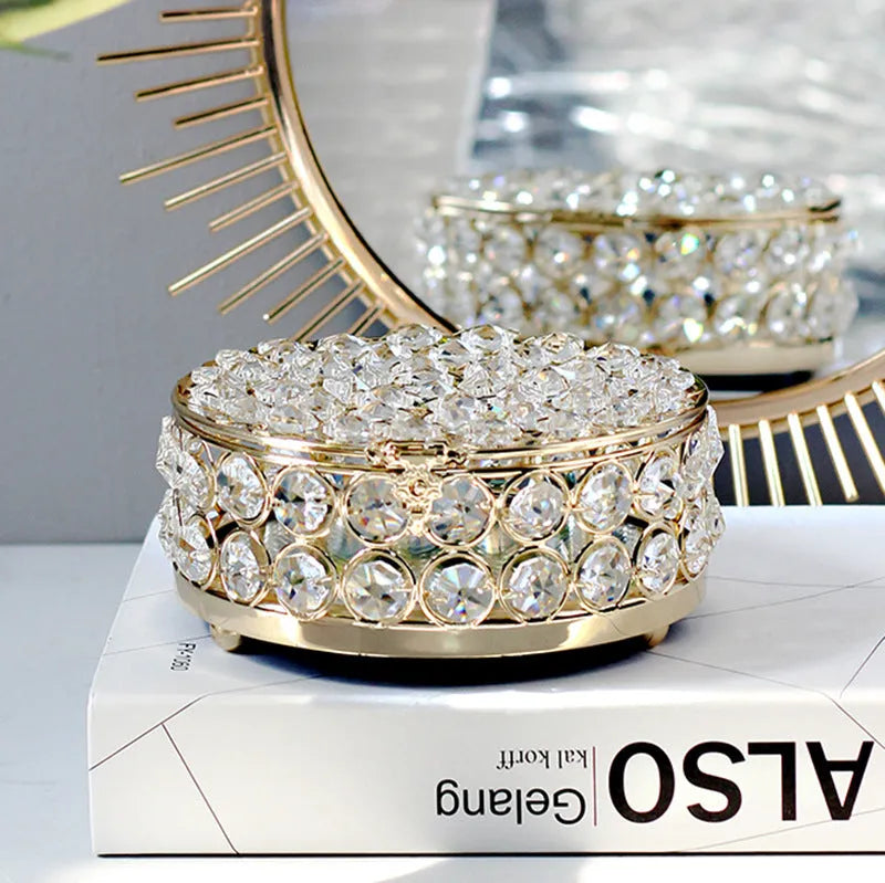 European-style French gold iron jewelry box with a transparent crystal glass lid.
