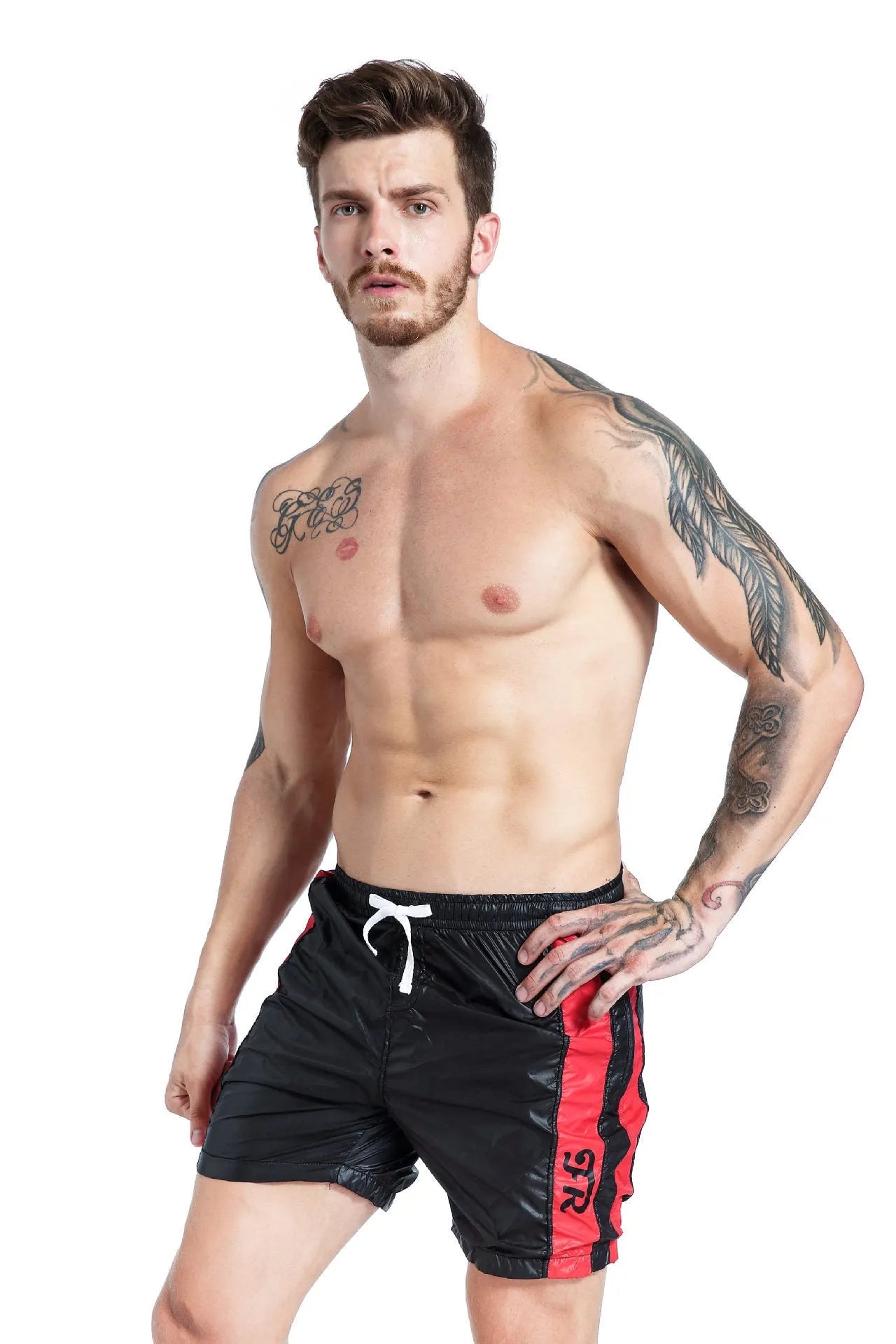Blue men's lace-up sports shorts with padding on a white background.