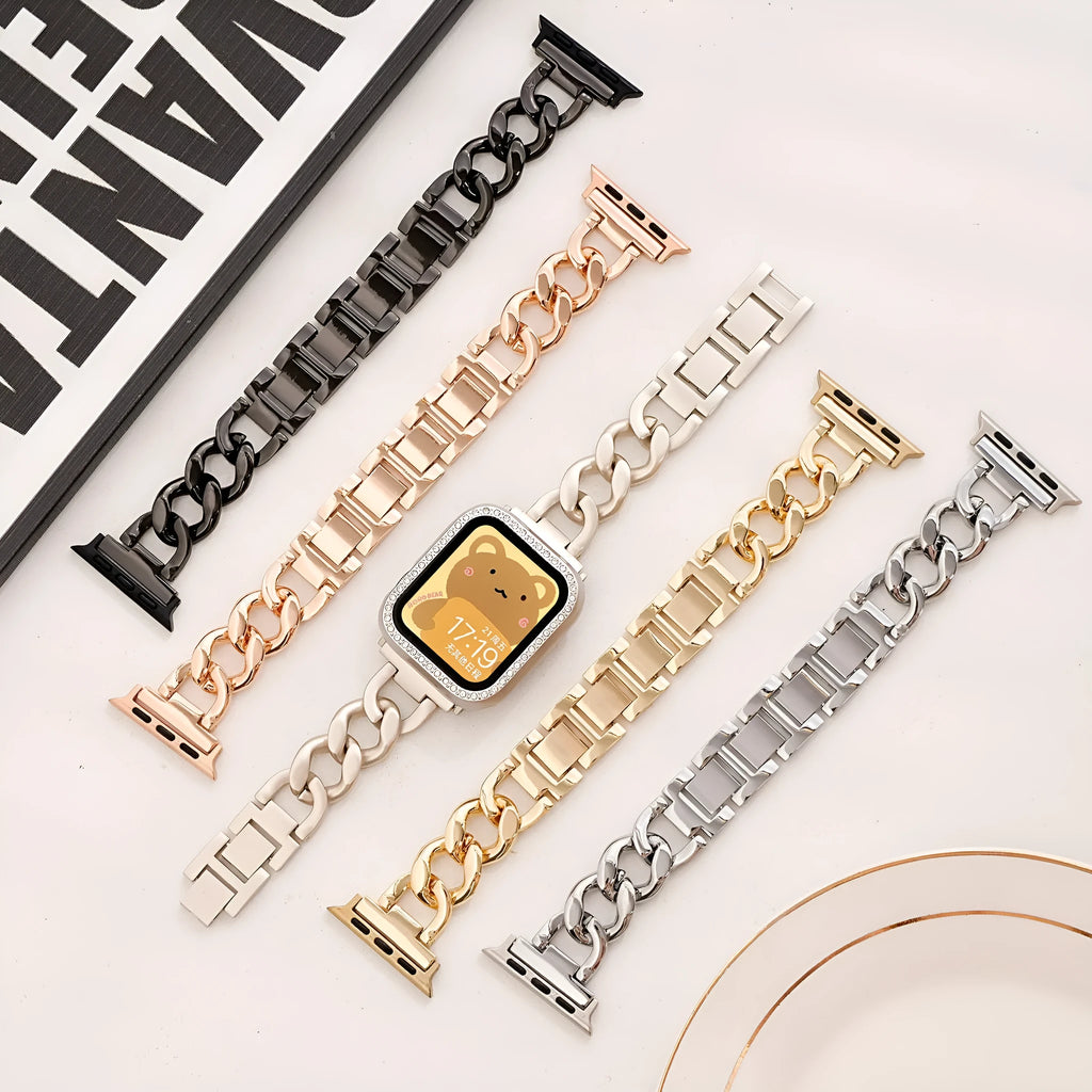 Denim chain metal watch strap for Apple Watch in silver, black, gold, rose gold, or Starlight colour.