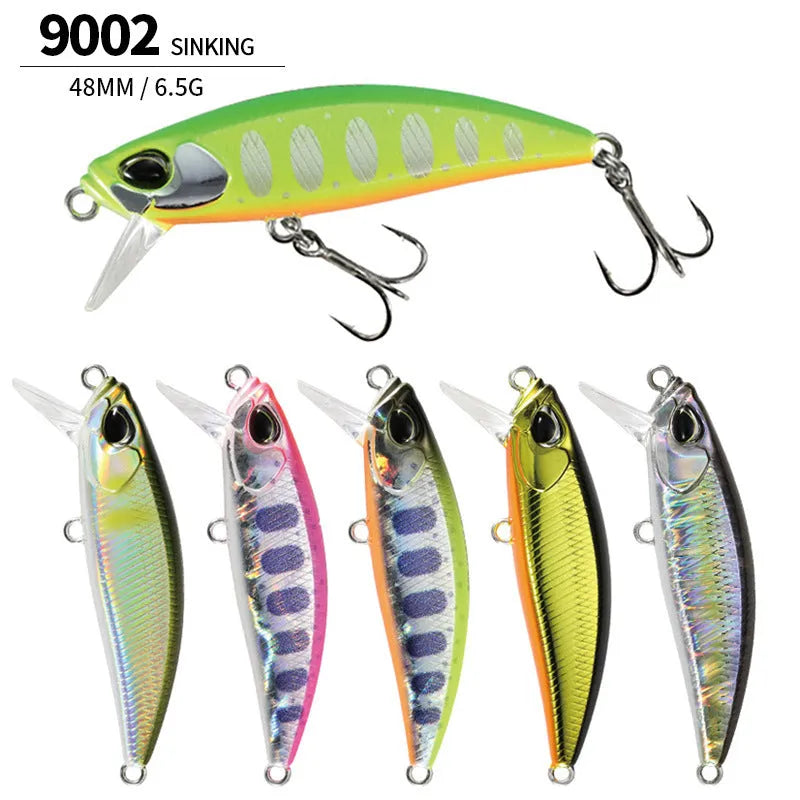 Tossing Japanese Submerged Mino hard fishing lure, 48mm long, shown in one of fourteen colour variations for predator fishing.