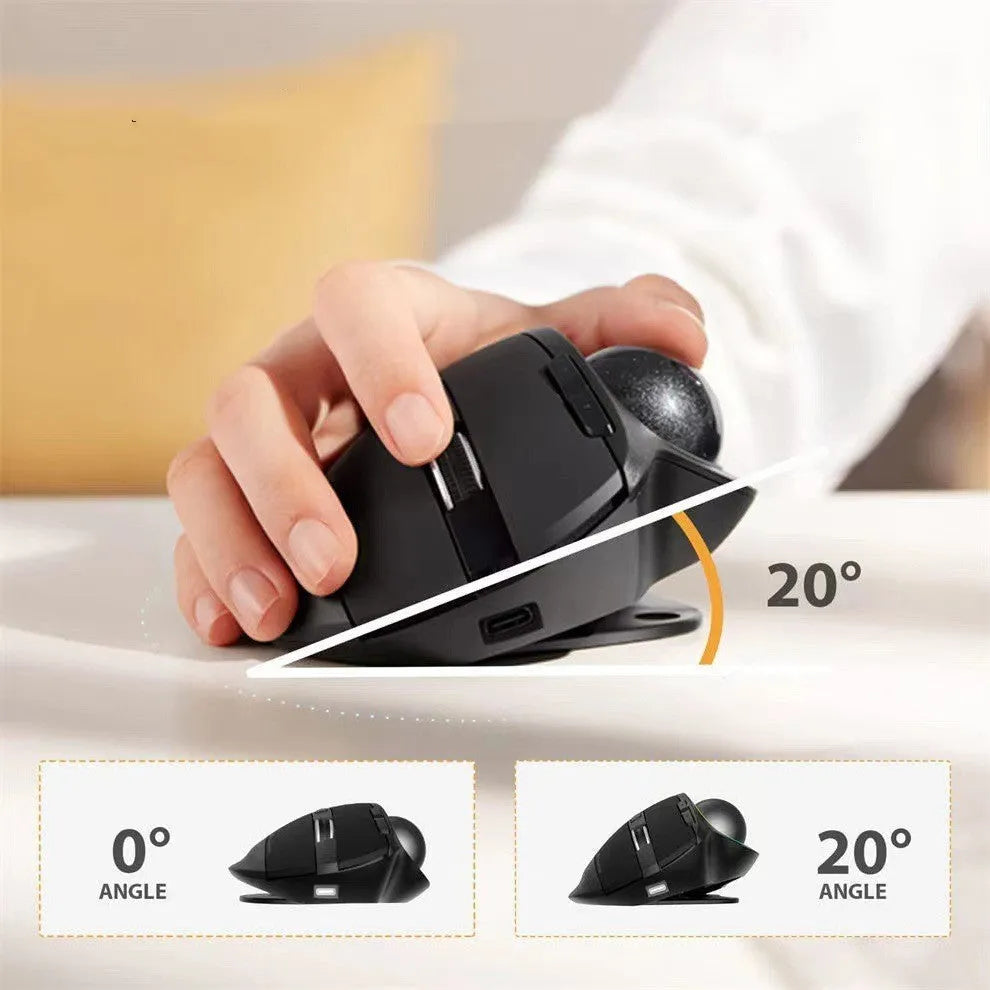 Black wireless trackball mouse with dual-mode 2.4G and Bluetooth connectivity, rechargeable, 2400 DPI, luminous feature