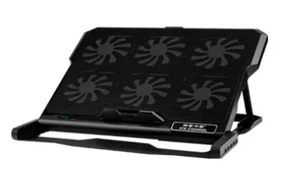 Laptop cooling board with metal mesh construction and LCD display showing speed controls