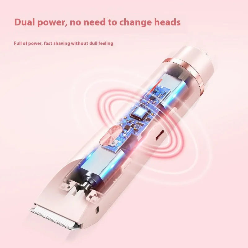 Pink women's electric hair trimmer with two detachable heads on a white background