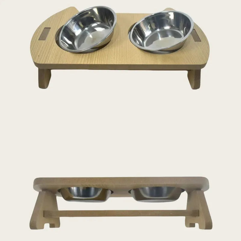 Wooden platform cat feeder holding a stainless steel food bowl and water bowl.