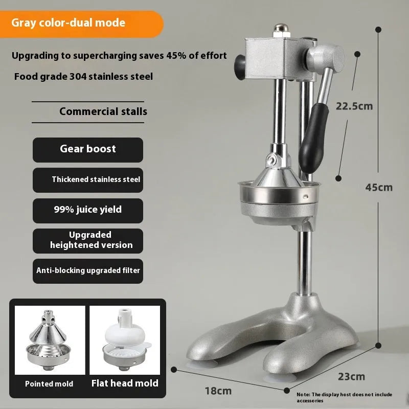 Vertical stainless steel and zinc alloy manual citrus juicer on a kitchen counter.