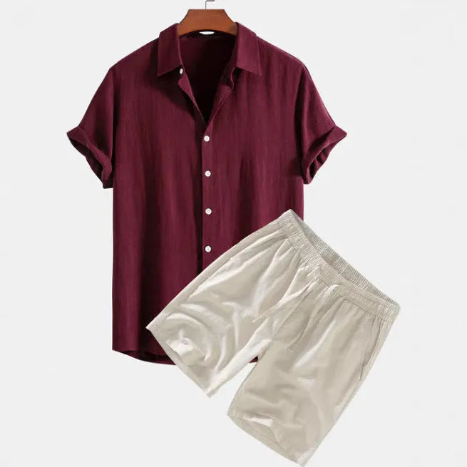 Men's solid colour casual short-sleeved shirt and shorts suit on a hanger.
