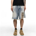 Light blue retro washed men's baggy denim shorts with wide leg design