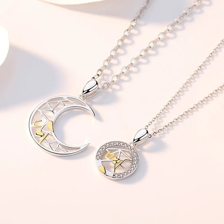 Sun moon couple necklace set with copper pendants on cross chains