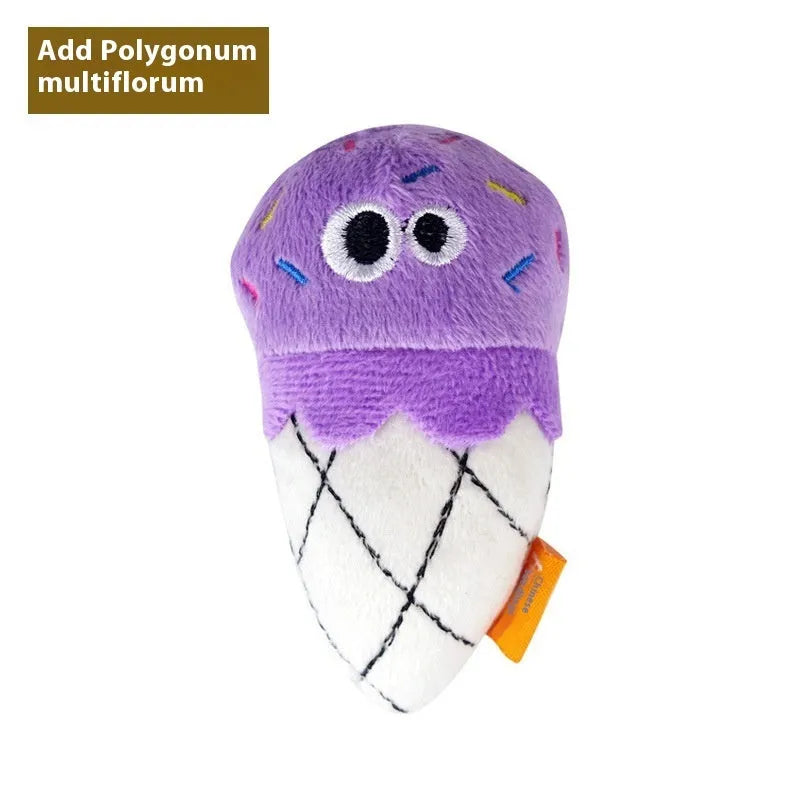 Six polygonum multiflorum catnip chew pillows in food designs including burrito, pizza, and pineapple