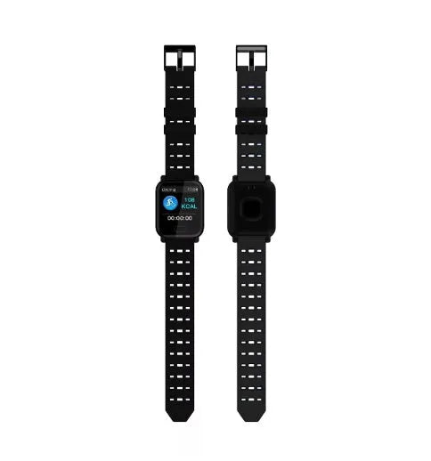 A6 smart bracelet with colour screen and blue silicone strap showing fitness stats.