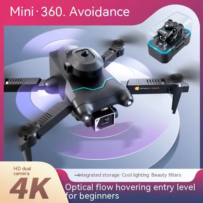 Black four-axis mini drone with cameras, showing obstacle avoidance sensors and compact plastic body.