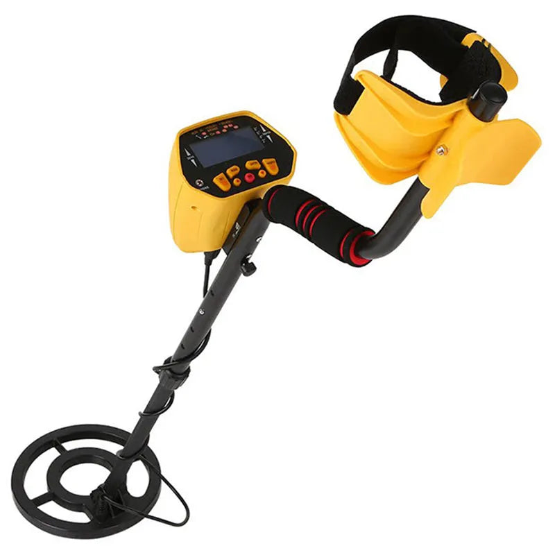 GC1028 black and yellow metal detector with LCD screen and adjustable pole on grass.