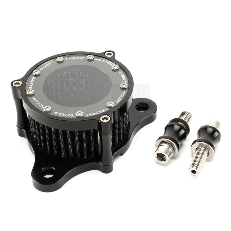 CNC aluminium motorcycle air filter with transparent glass showing black filter element for Harley Davidson
