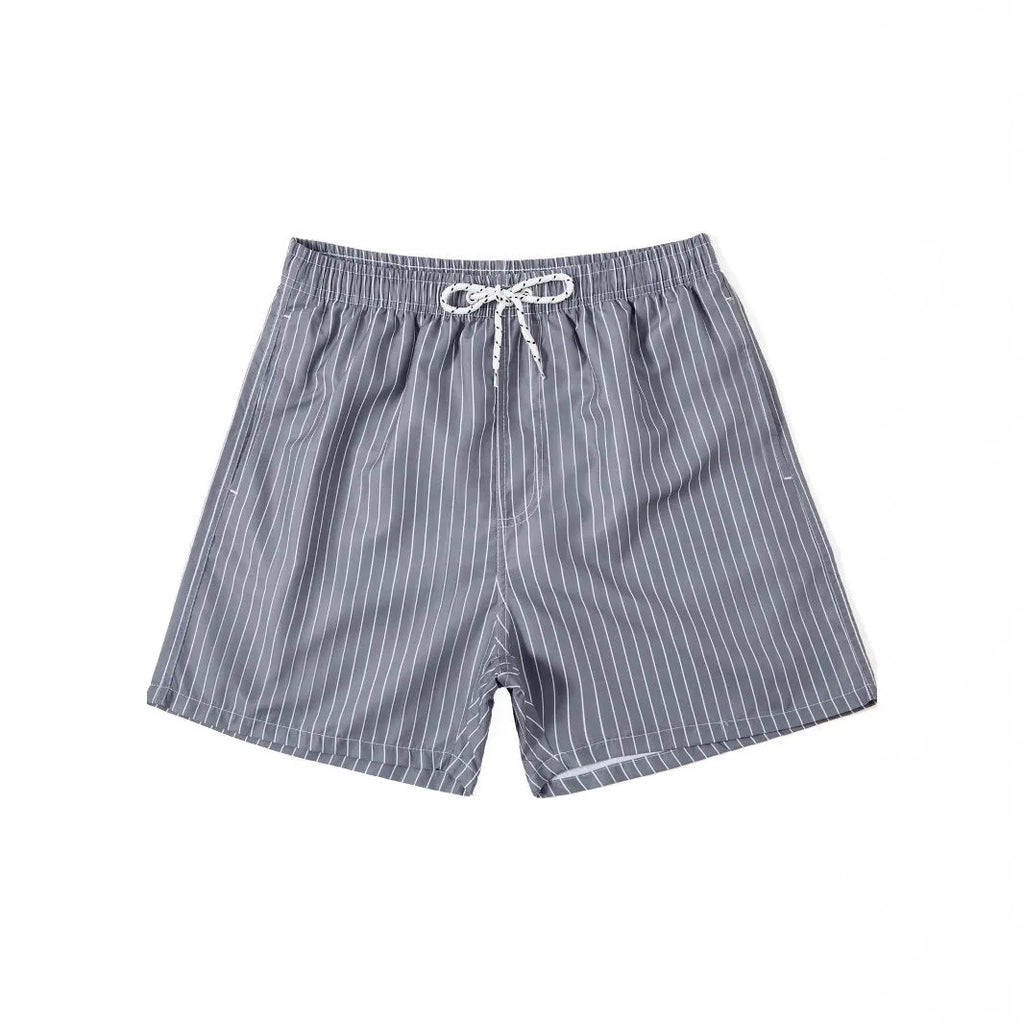 Striped polyester fibre beach shorts with triangle lining in navy blue, straight leg design