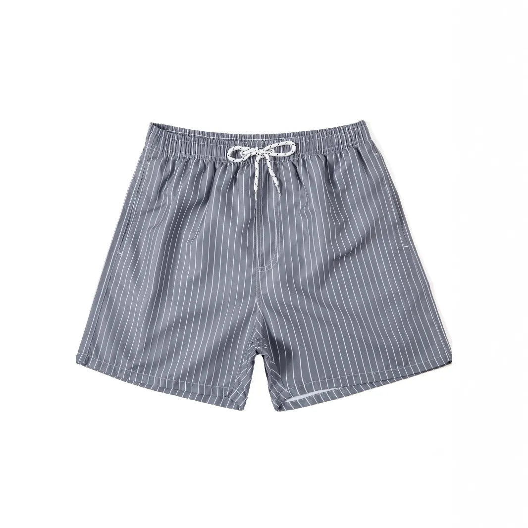 Striped polyester fibre beach shorts with triangle lining in navy blue, straight leg design