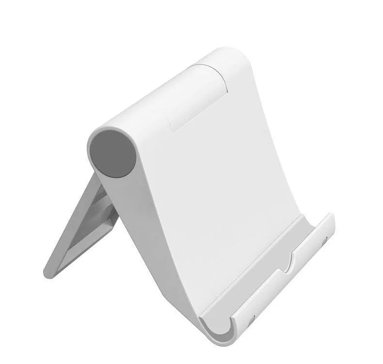 Black PE folding tablet stand holding a mobile phone at an adjustable viewing angle on a wooden desk.