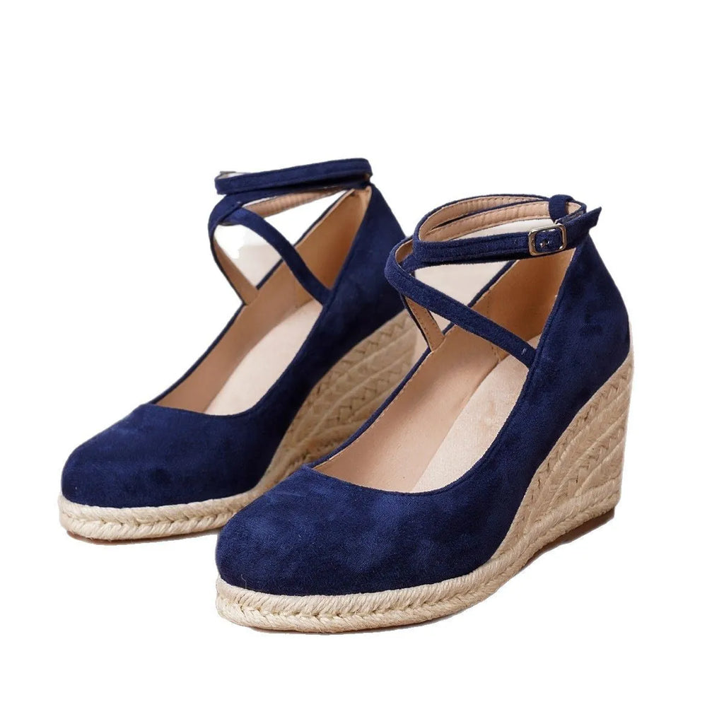 Dark blue suede straw woven wedge closed toe high heels with buckle and TPR sole, size 37