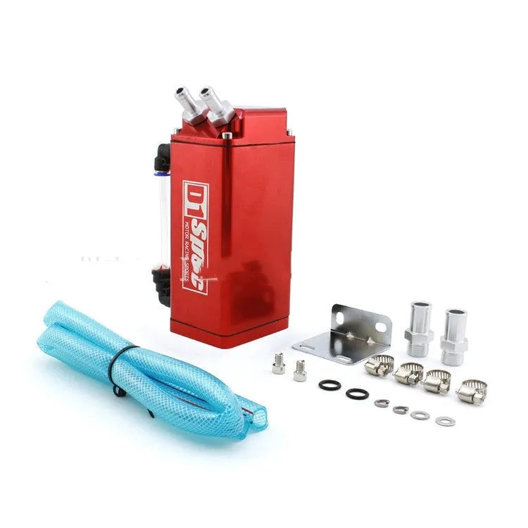 Car modification oil catch tank in choice of black, blue, red, or silver colour with square or round design