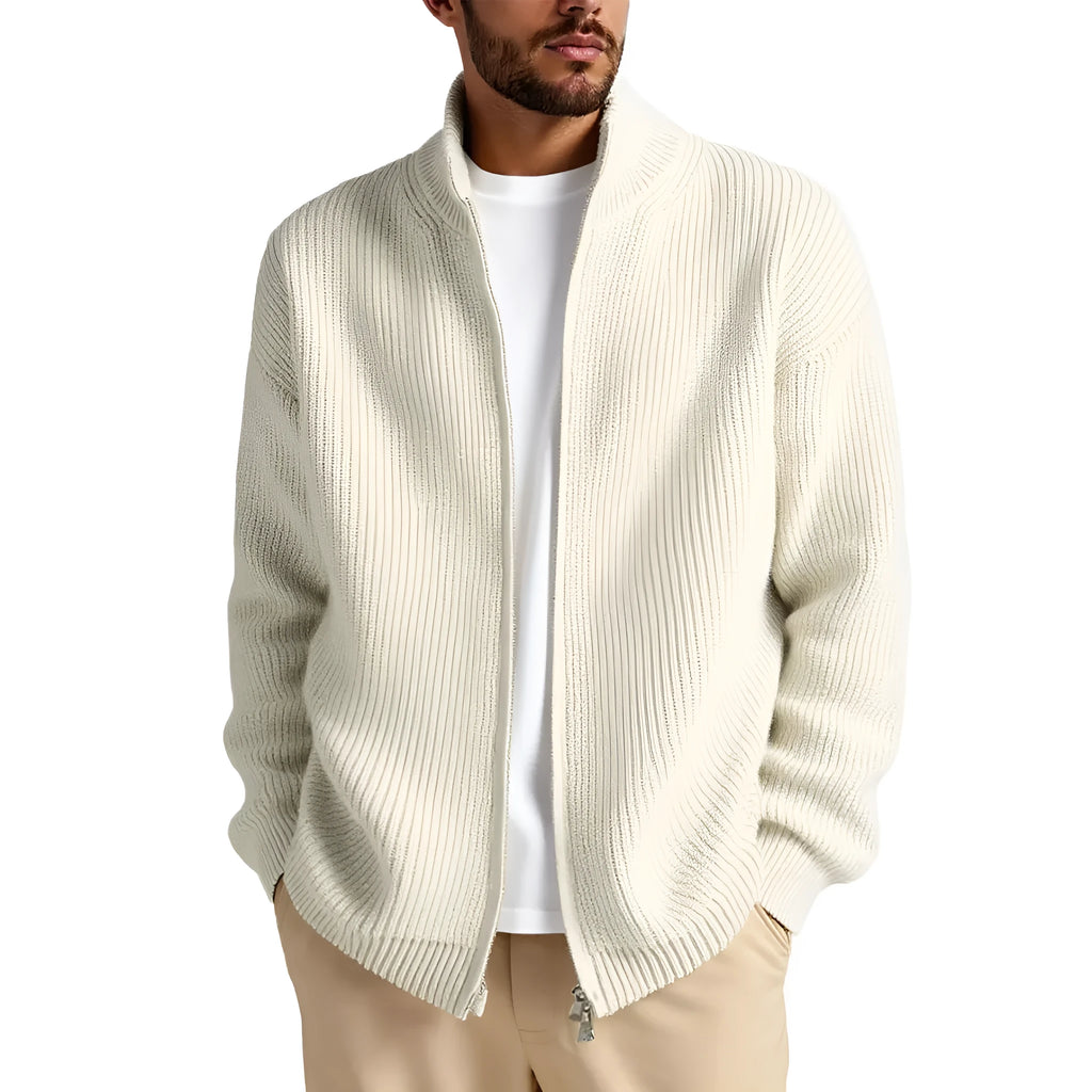 Men's loose fit cardigan sweater in acrylic blend fabric, shown in grey green colour.