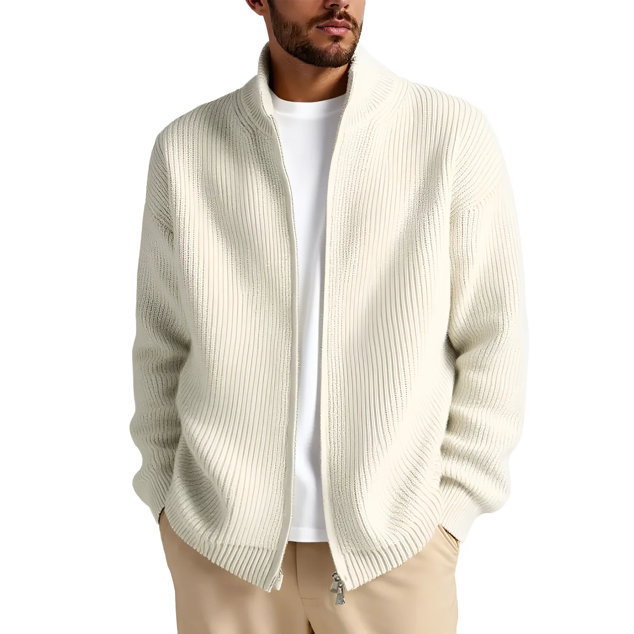Men's loose fit cardigan sweater in acrylic blend fabric, shown in grey green colour.